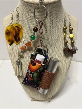 Gift Set Double Lip Balm & Spray Keychain Holder Purse Charm 2 pr Earrings